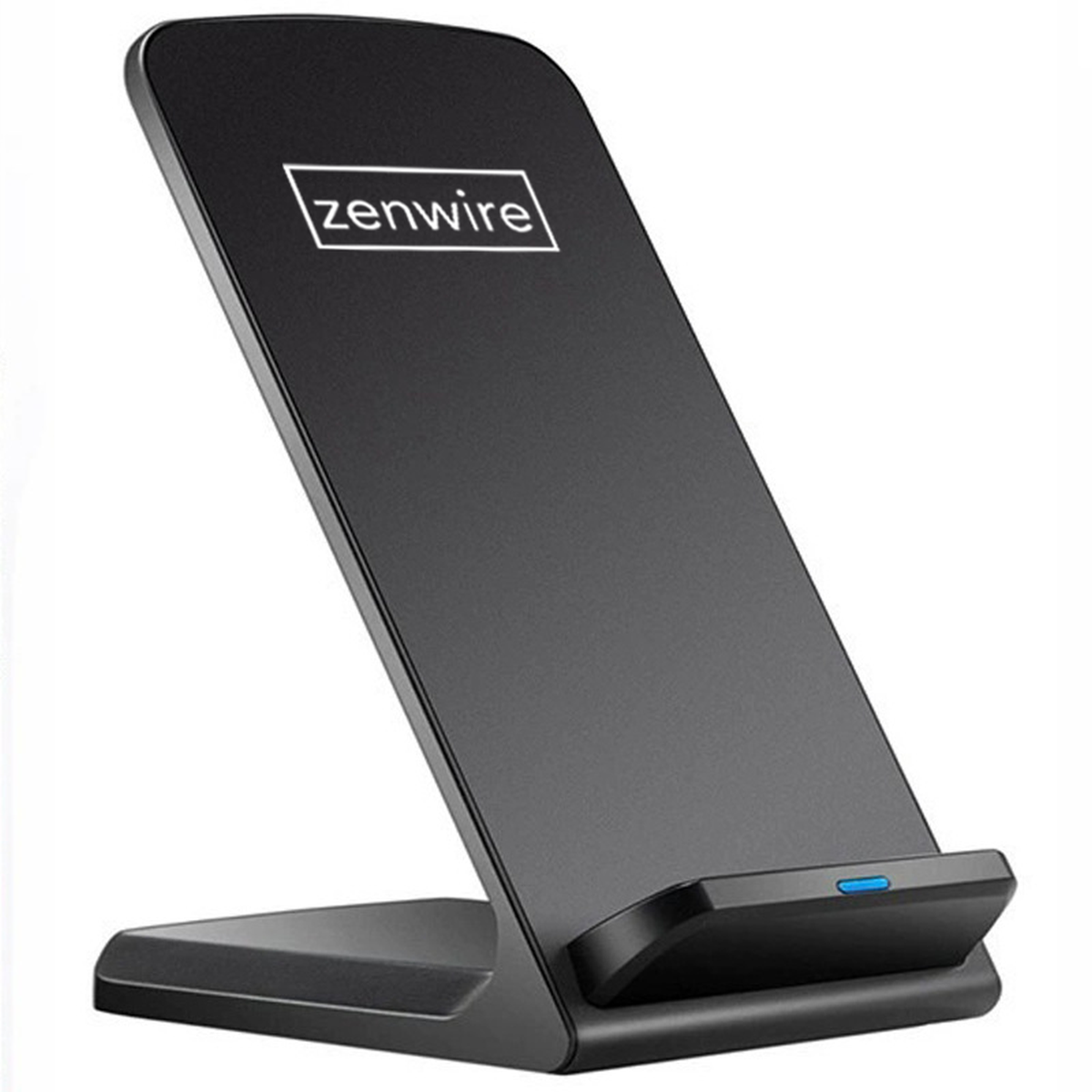 Czarna ładowarka bezprzewodowa "zenwire" stoi pionowo. Logo jest widoczne. Świeci niebieskie światło.