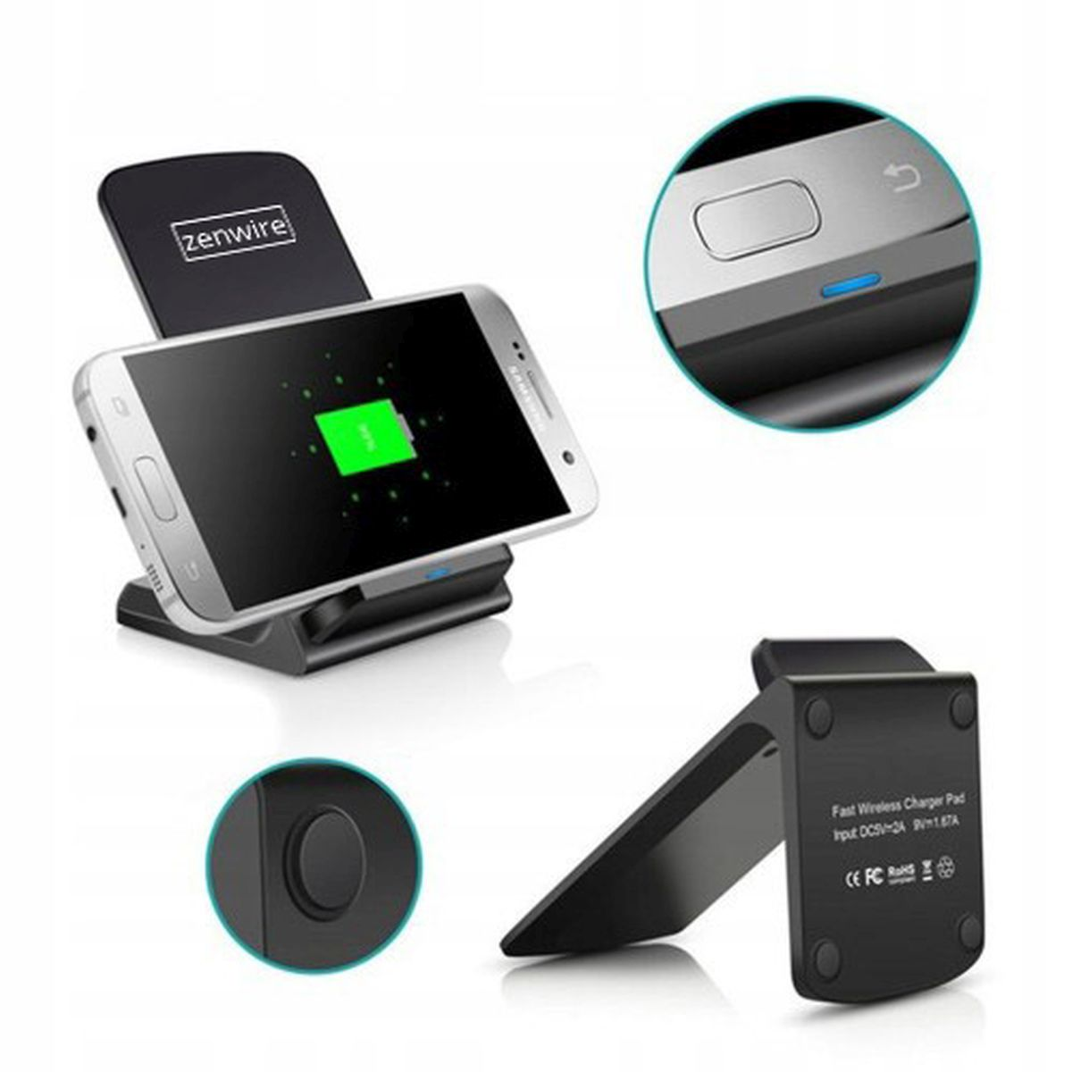 Telefon ładujący się na czarnej ładowarce bezprzewodowej. Są zbliżenia urządzenia.