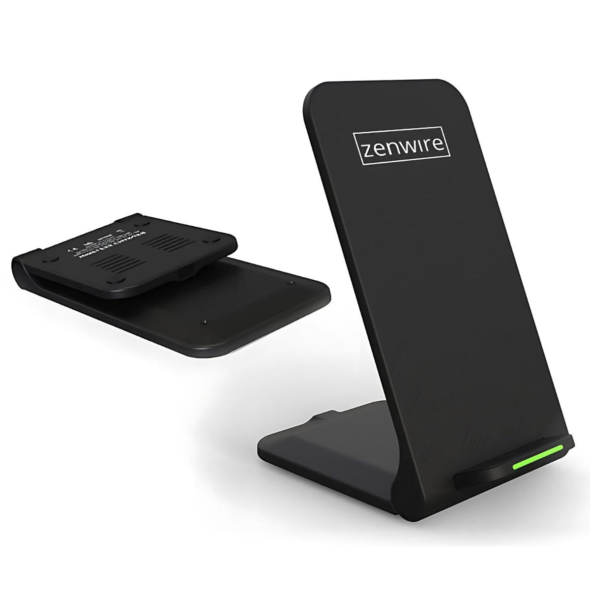 Czarna ładowarka bezprzewodowa. Jedna część jest odłączona. Logo jest widoczne. Świeci zielone światło.