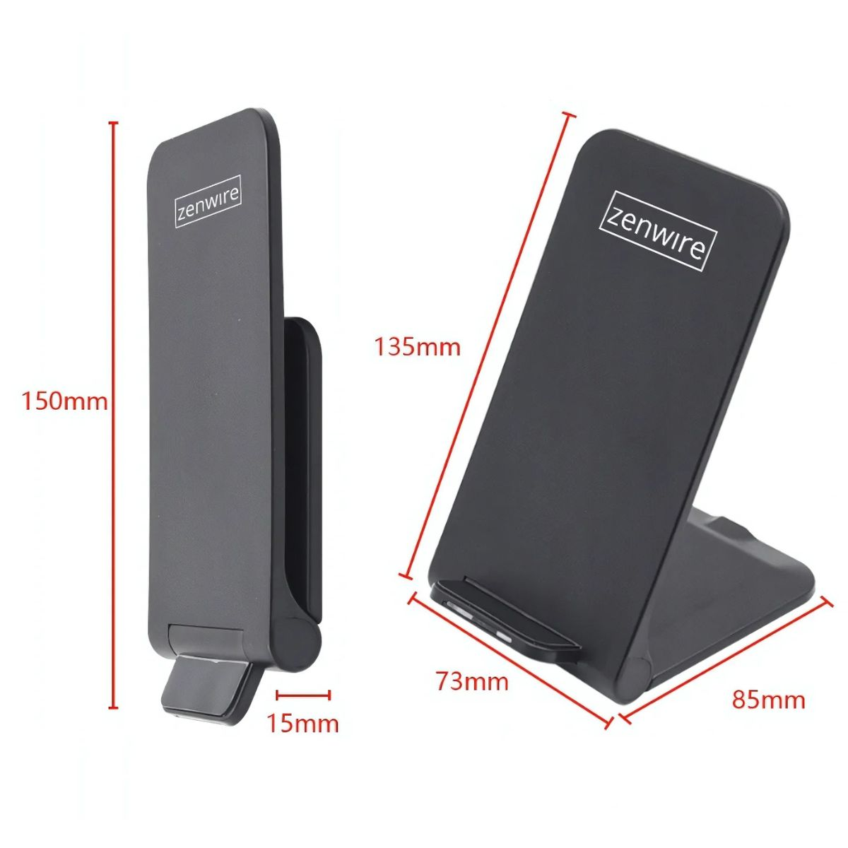 Czarny stojak Zenwire pokazany z boku i z przodu. Wymiary stojaka w milimetrach.