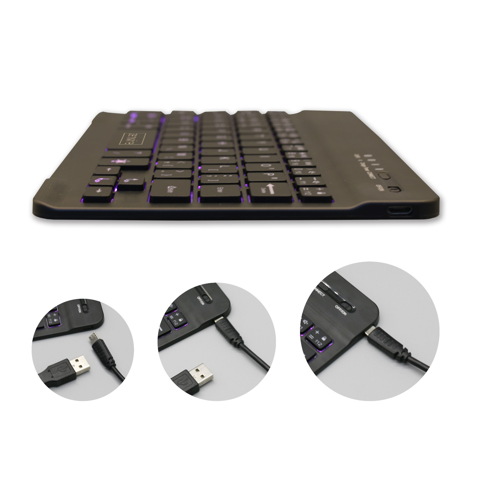 Czarna klawiatura Zenwire z fioletowym podświetleniem. Posiada złącza USB i zasilania. Elegancki design.