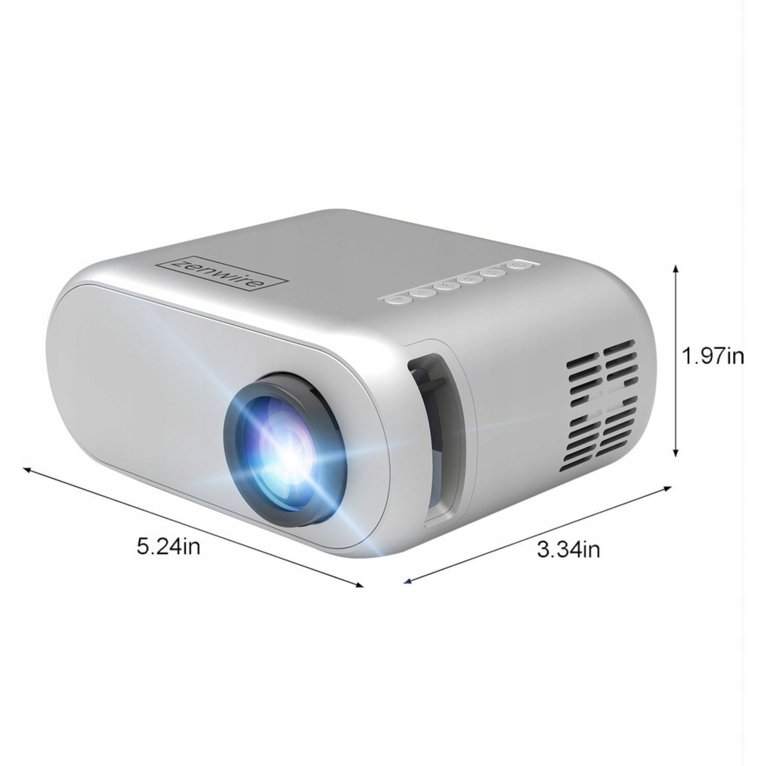 Srebrny projektor z wymiarami. Obiektyw jest ostry. Nadruk 'zenwire'.