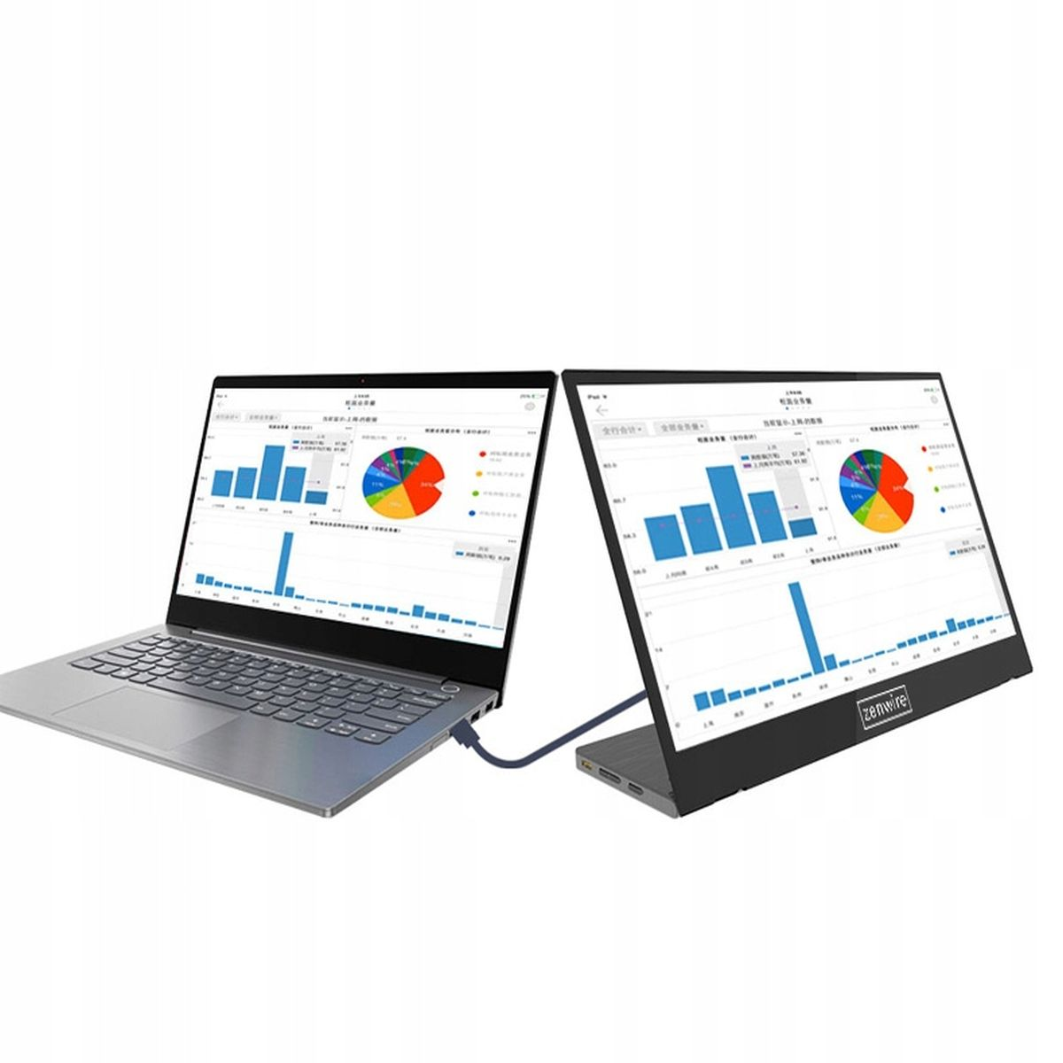 Laptop i monitor wyświetlający wykresy. Monitor jest podłączony do laptopa kablem.