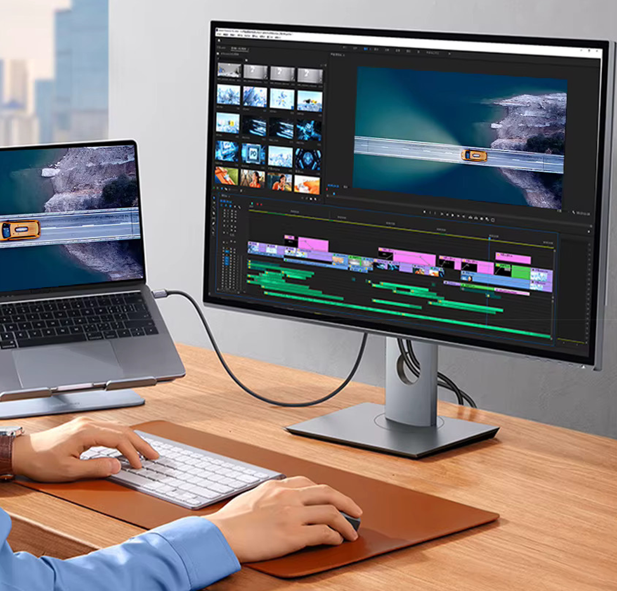 Osoba korzystająca z laptopa i monitora. Monitor wyświetla interfejs edycji wideo.