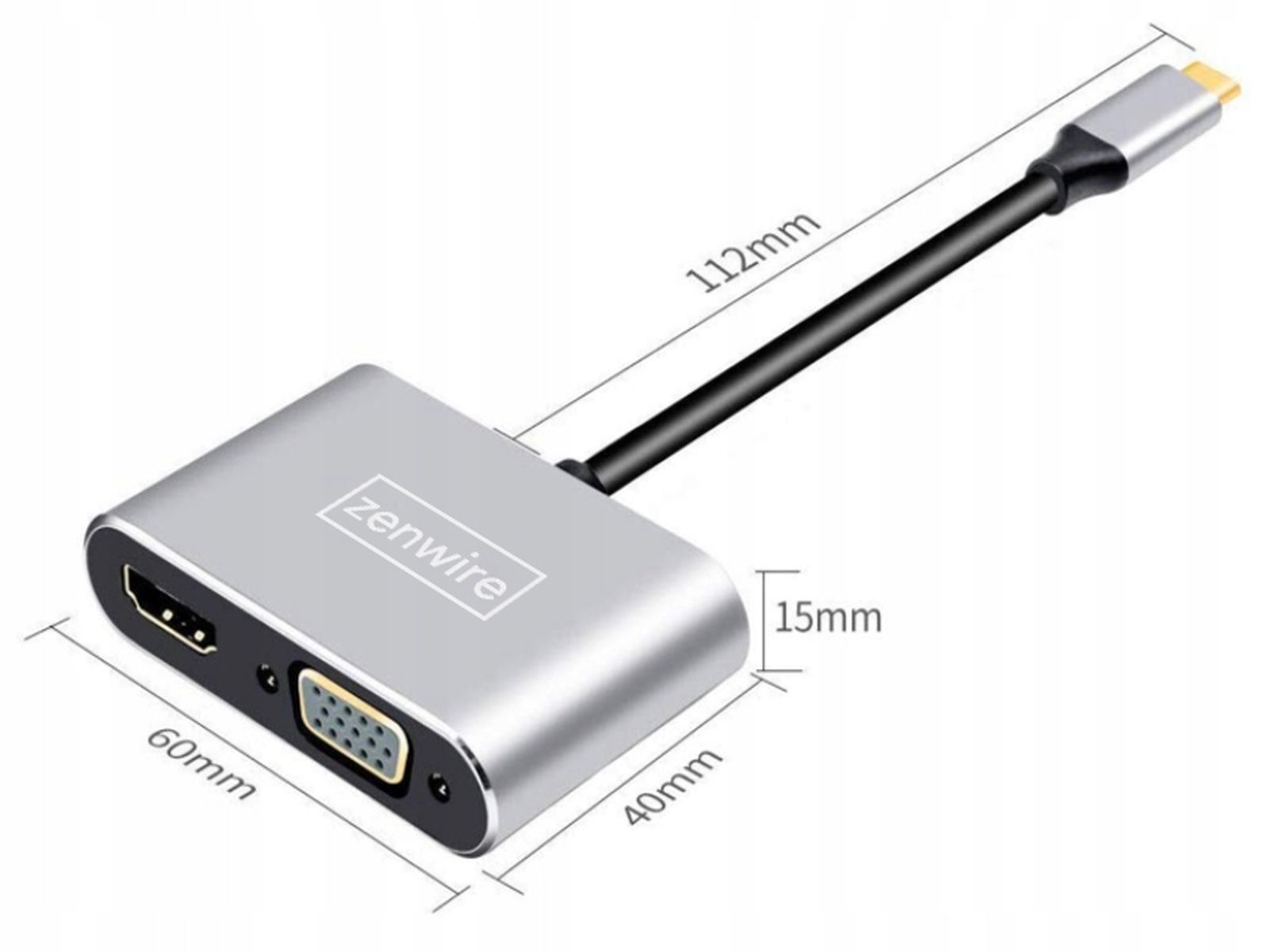 Srebrny adapter Zenwire z portami HDMI i VGA, oznaczonymi wymiarami i kablem USB-C.