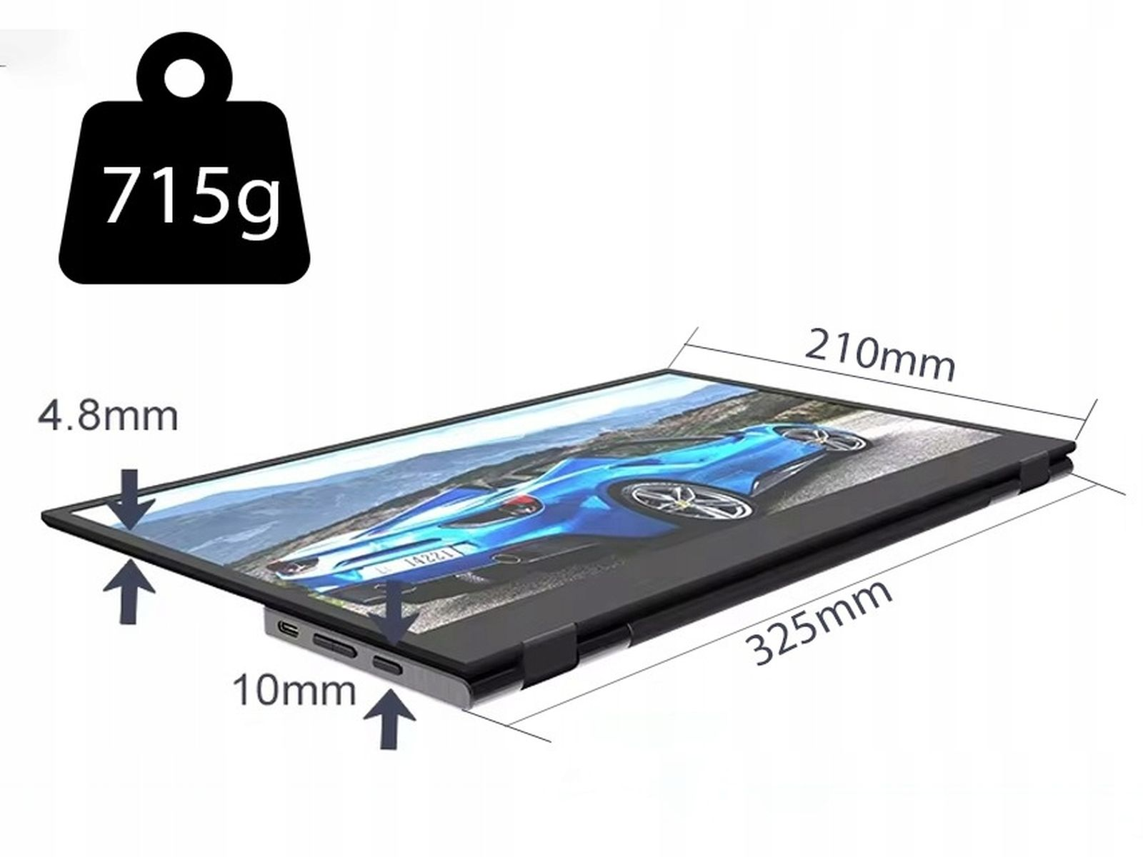 Czarny monitor przenośny z wymiarami, wagą i niebieskim samochodem na nim.