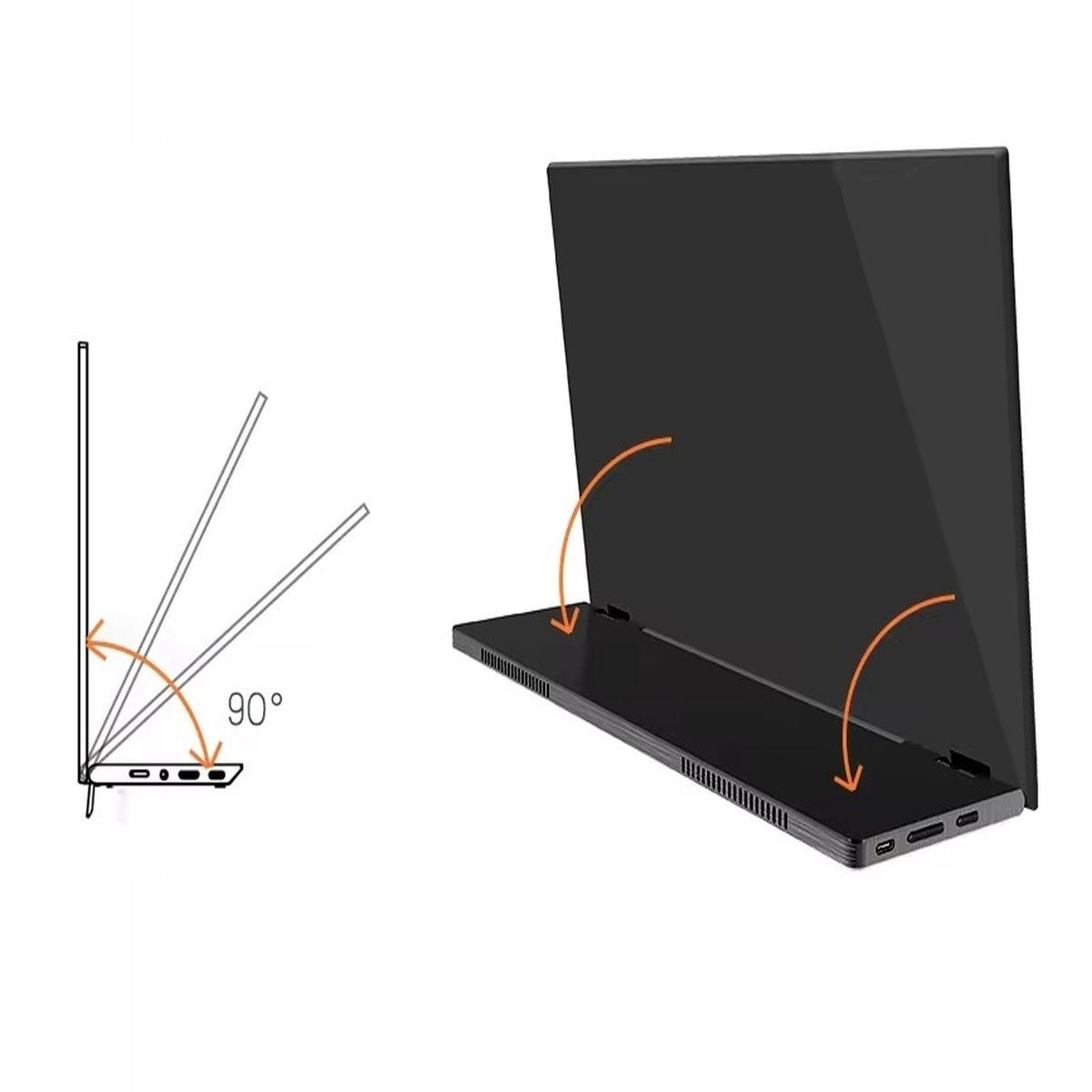 Czarny monitor, który można pochylać, z diagramami ilustrującymi regulację i porty.