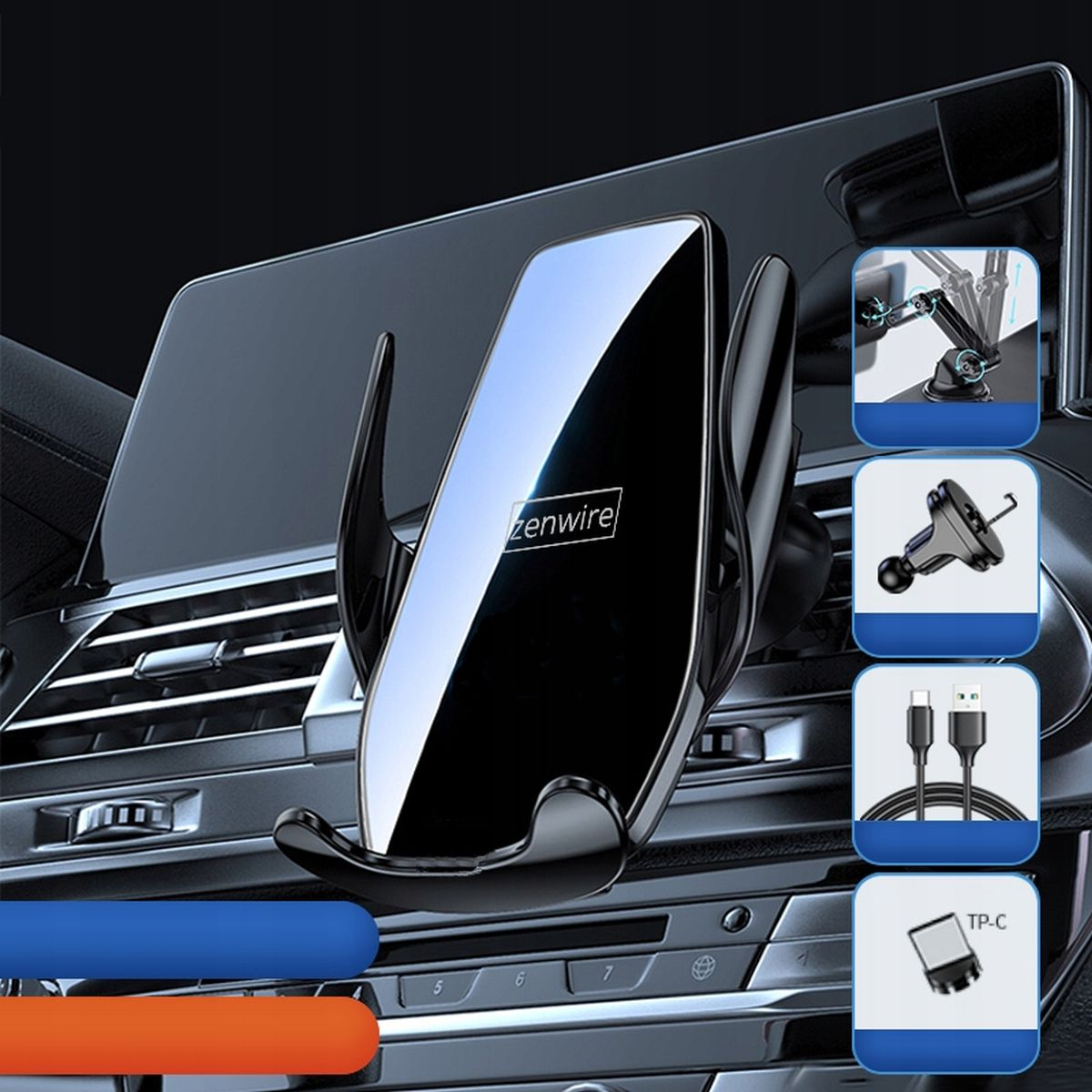 Czarny uchwyt na telefon samochodowy z telefonem na desce rozdzielczej samochodu. Wiele ikon pokazuje funkcje i połączenia.