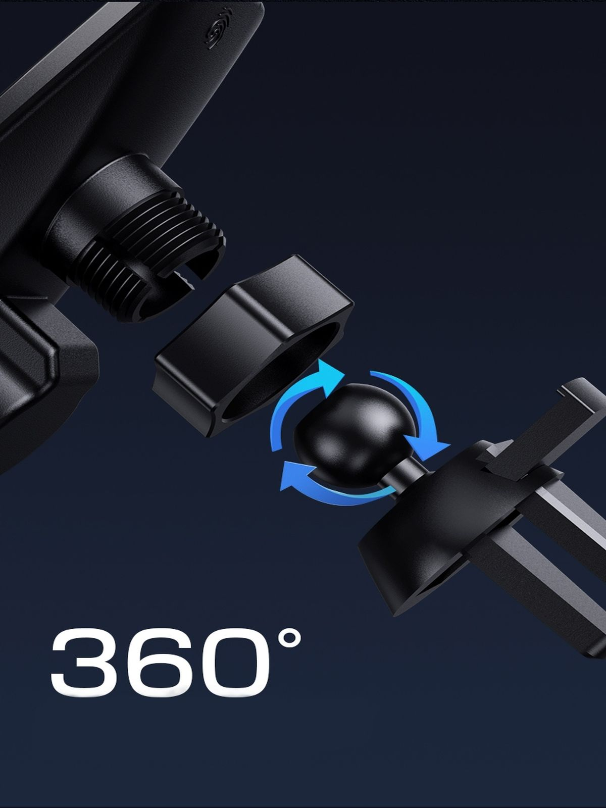 Zbliżenie na elementy uchwytu na telefon samochodowy. Uchwyt obraca się o 360 stopni. Niebieskie strzałki pokazują obrót.