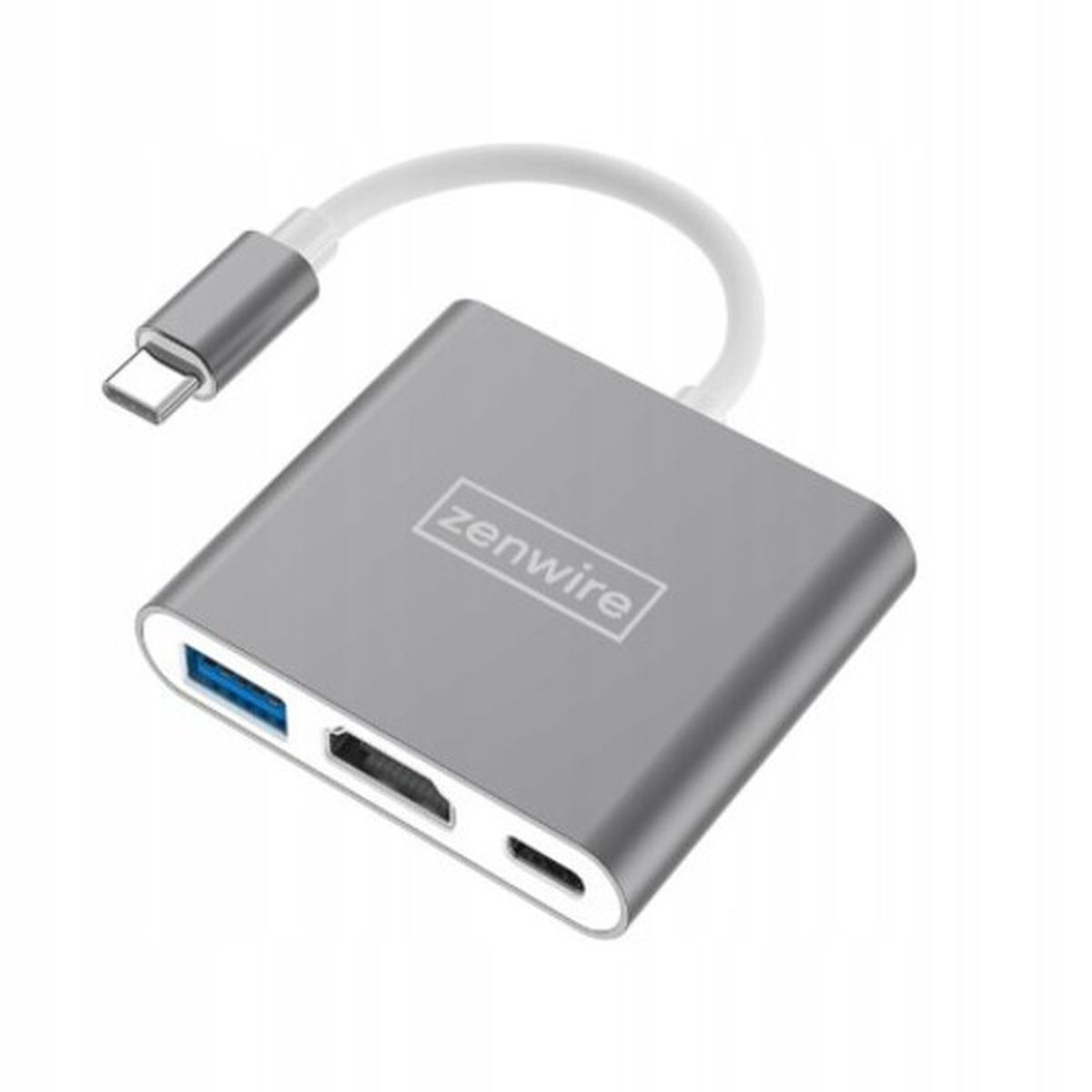 Srebrna przejściówka USB-C z portami HDMI, USB i USB-C. Przejściówka znajduje się na białym tle.