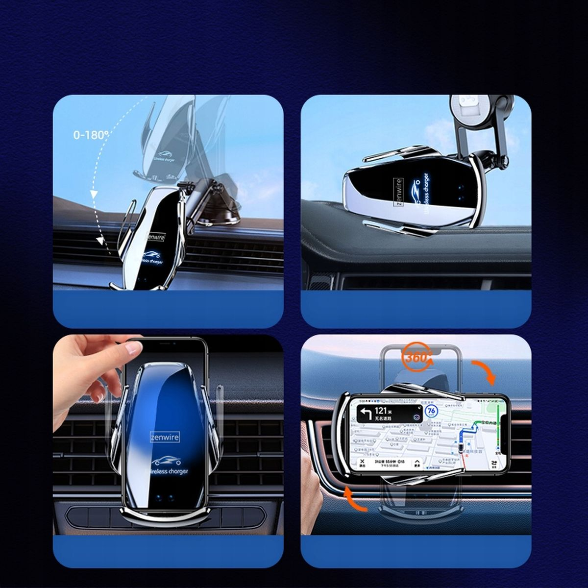 Cztery obrazy pokazują funkcje uchwytu na telefon samochodowy: obrót 0-180 stopni, mocowanie na desce rozdzielczej, telefon w uchwycie i wyświetlanie mapy.
