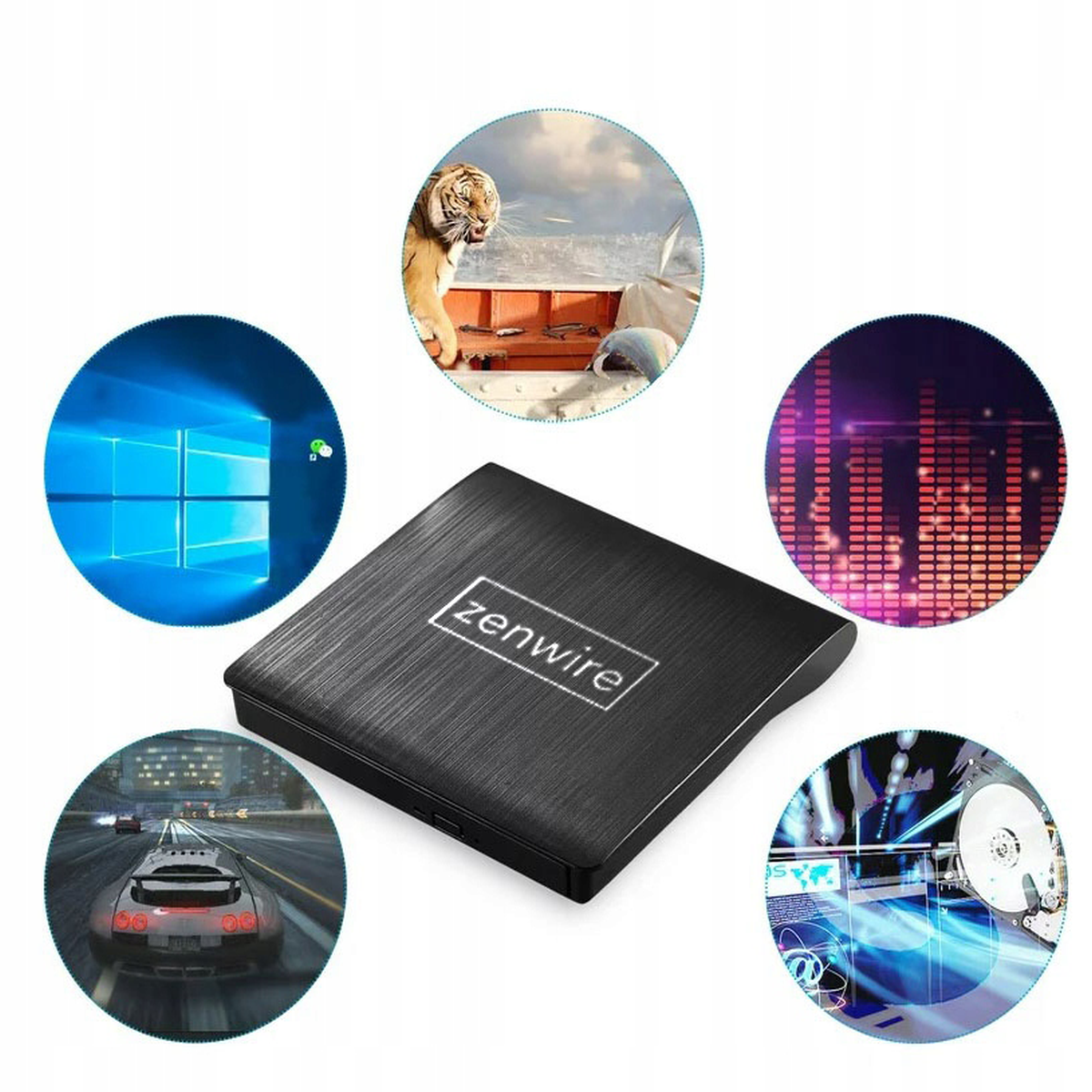 Czarny dysk zewnętrzny Zenwire z obrazami łodzi, tygrysa, ekranu Windows, samochodu i dysku twardego.