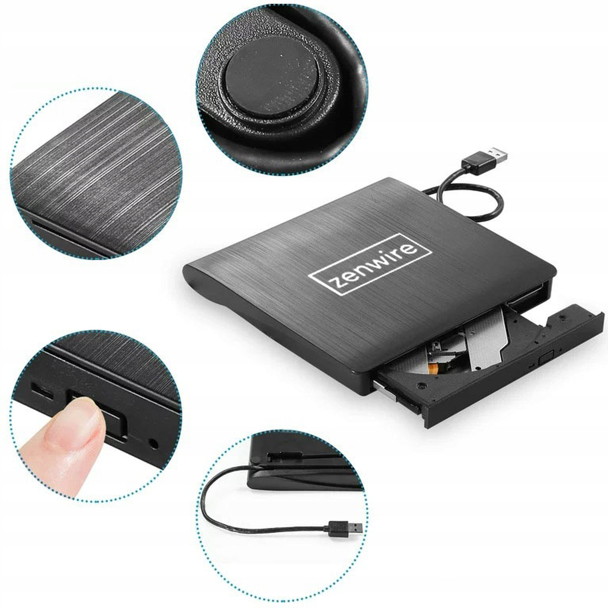 Czarny napęd zewnętrzny Zenwire. Szczegóły obejmują przycisk zasilania, port USB i otwartą tackę na dysk.