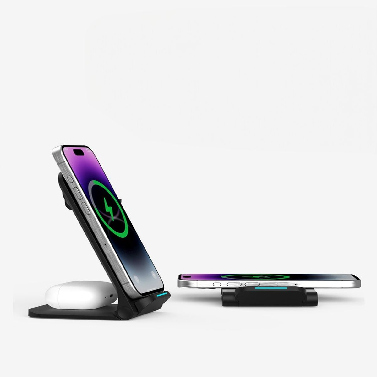 Stacja ładująca z telefonem i AirPods, czarna podstawa, białe tło.