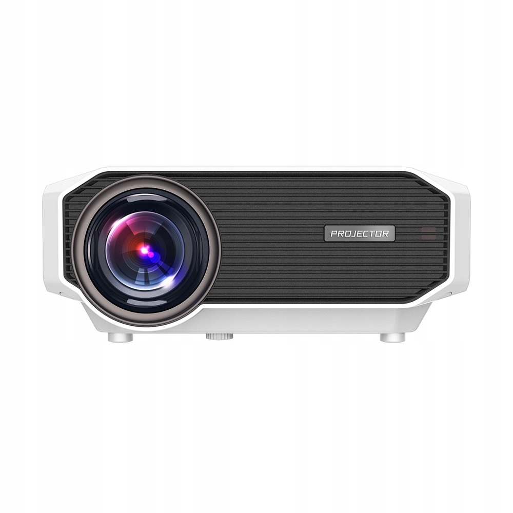 Biały projektor z ciemną soczewką, czarny panel, tekst 'PROJECTOR', białe tło.