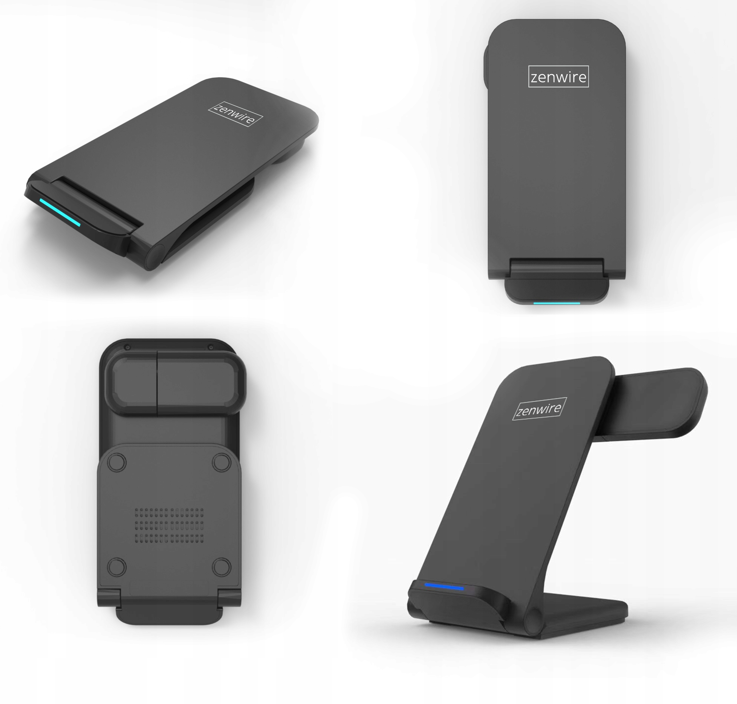 Różne widoki czarnej stacji ładującej z logo 'zenwire'.
