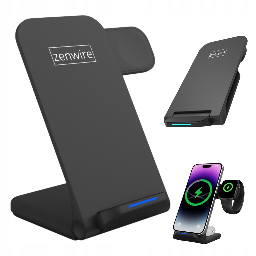 Czarna stacja ładująca z telefonem i zegarkiem, symbol ładowania, białe tło.