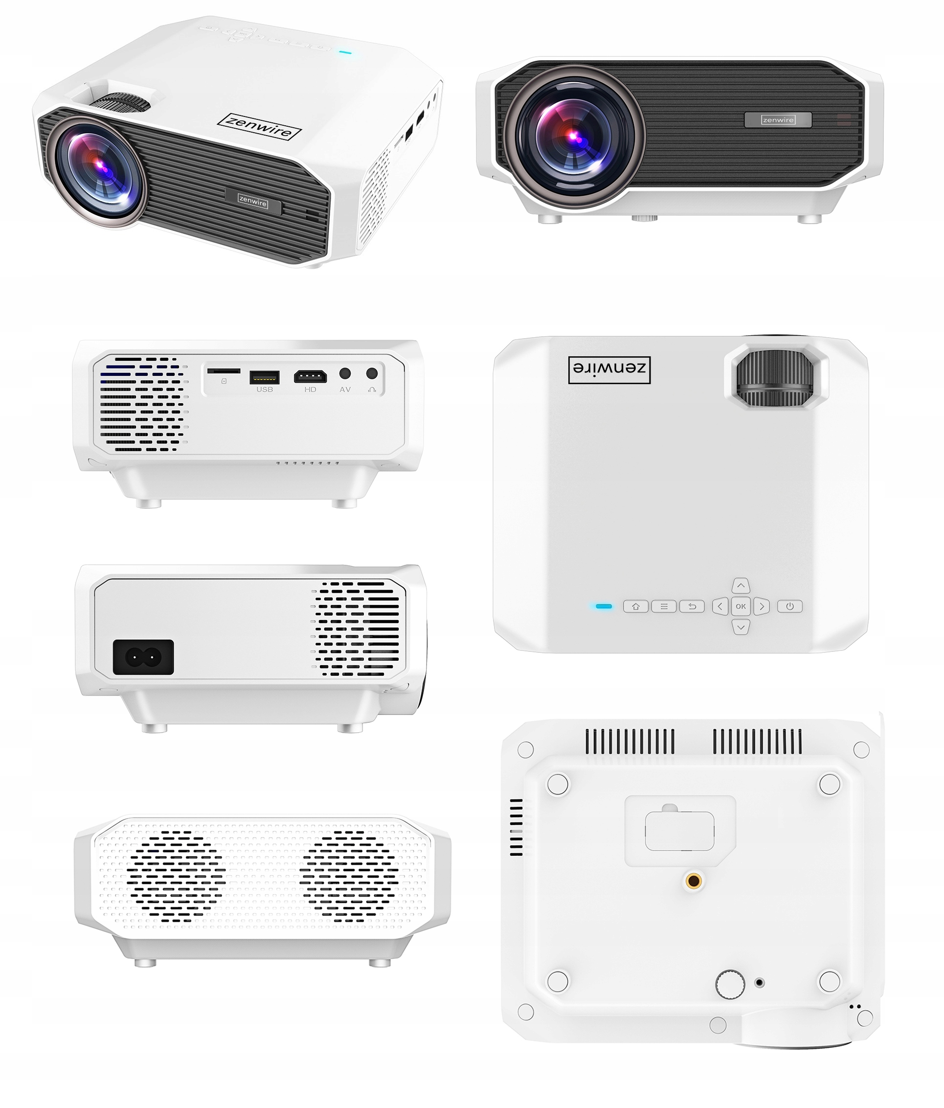 Wiele widoków białego projektora, pokazano różne kąty i szczegóły.