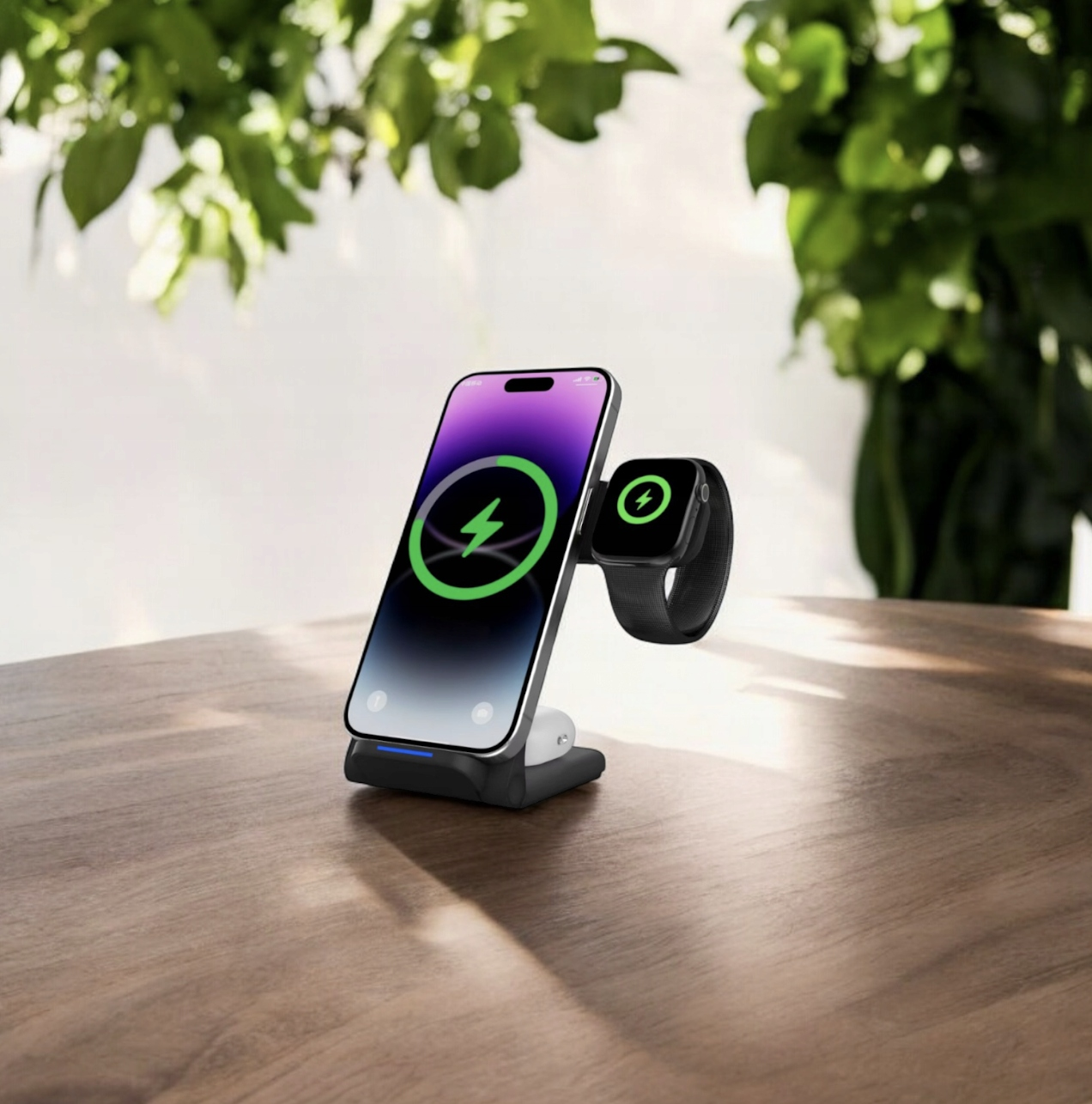Stacja ładująca z telefonem i zegarkiem, oba wyświetlają ikony ładowania. Zielone liście w tle.