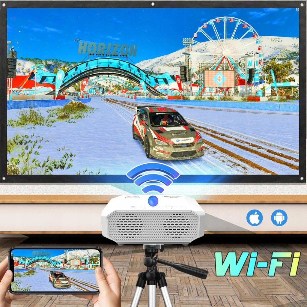 Projektor wyświetla grę wyścigową na dużym ekranie. Telefon na statywie pokazuje ten sam obraz.