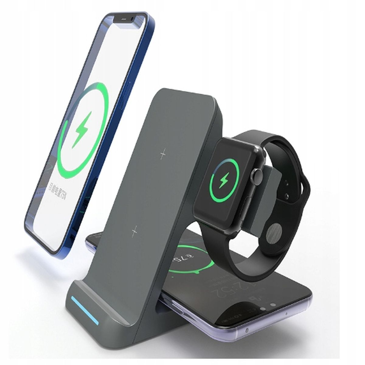 Stacja ładująca z telefonem i zegarkiem, oba wyświetlają ikony ładowania. Stacja jest szara.