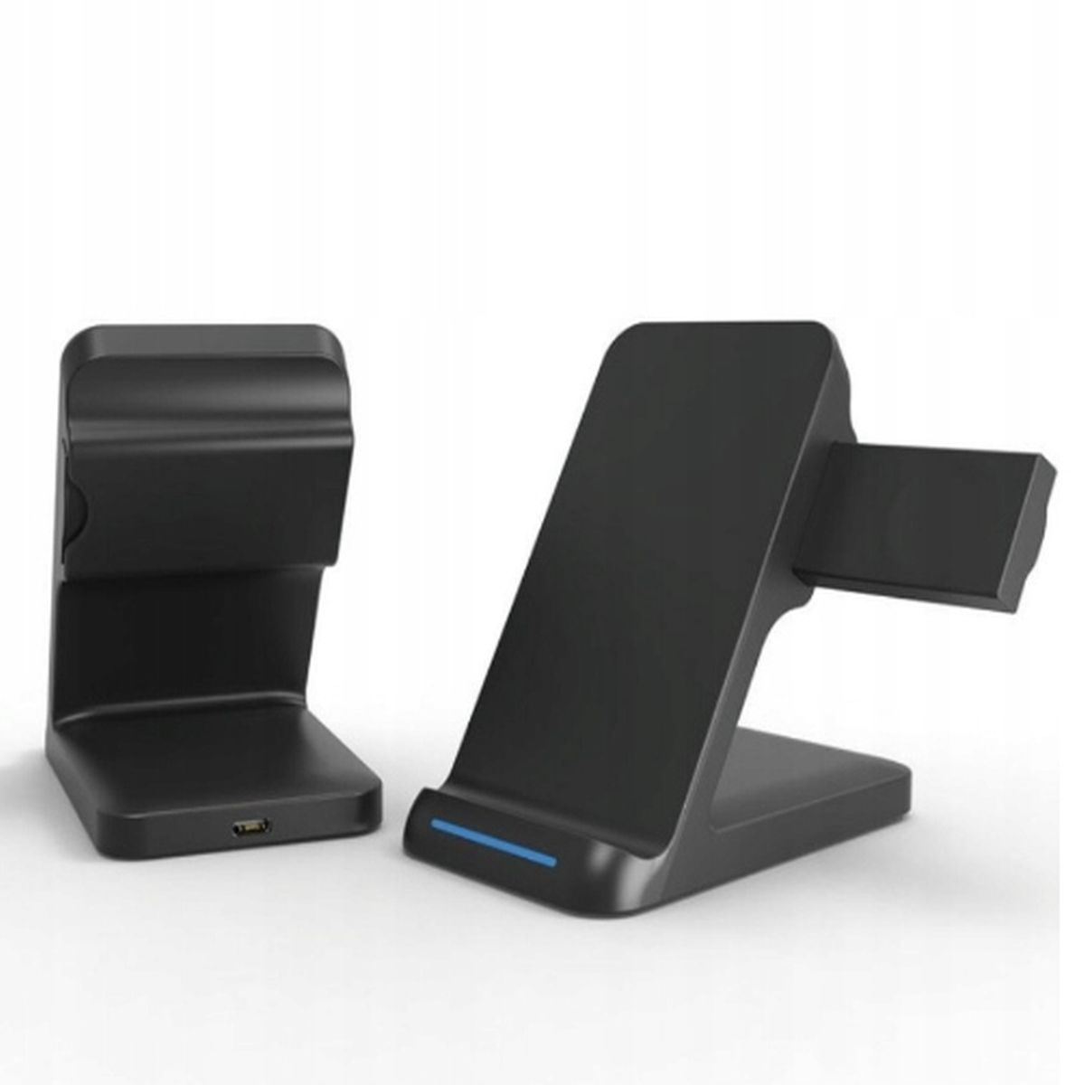 Dwie czarne stacje ładujące, jedna z portem USB. Obie są puste i gotowe do użycia.