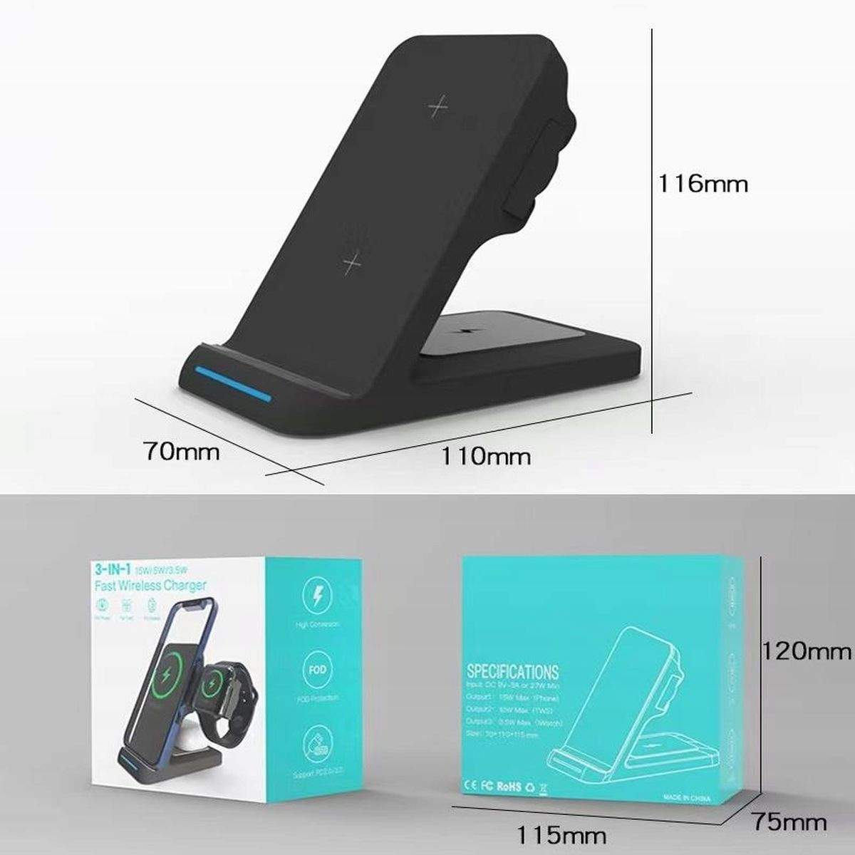 Stacja ładująca z pokazanymi wymiarami. Opakowanie produktu również widoczne z wymiarami.