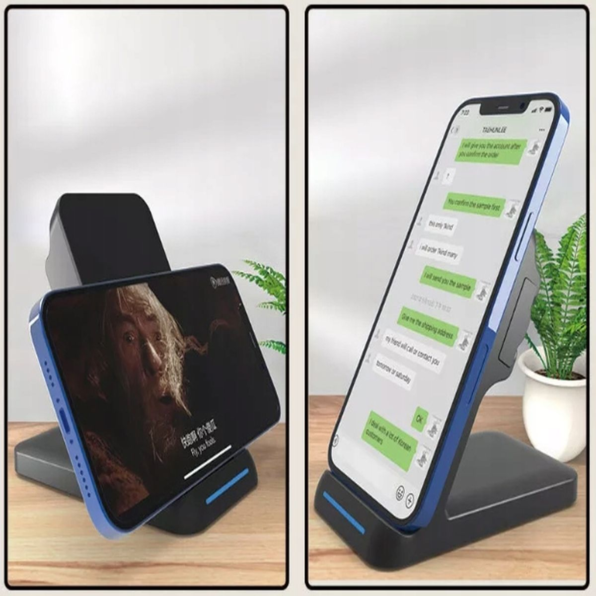 Stacja ładująca z telefonem wyświetlającym film i drugim wyświetlającym czat. Oba są włączone.