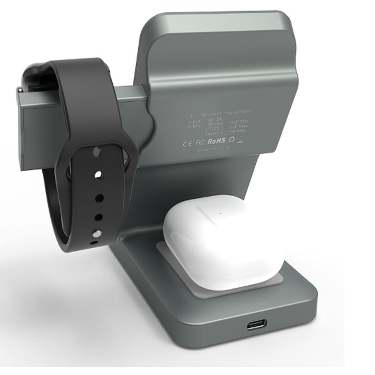 Szara stacja ładująca z zegarkiem, białymi słuchawkami i podkładką ładującą.