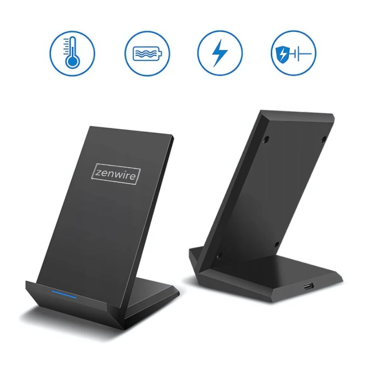 Dwie czarne ładowarki bezprzewodowe, widok z przodu i z boku, z ikonami ładowania powyżej.