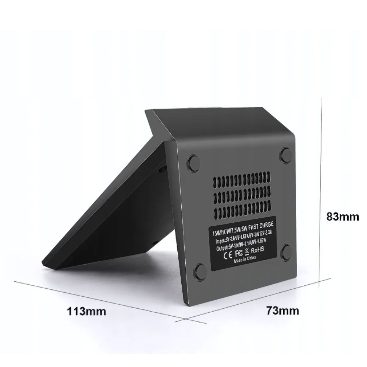 Czarna ładowarka bezprzewodowa z boku z wymiarami, pokazująca 113 mm x 73 mm x 83 mm.