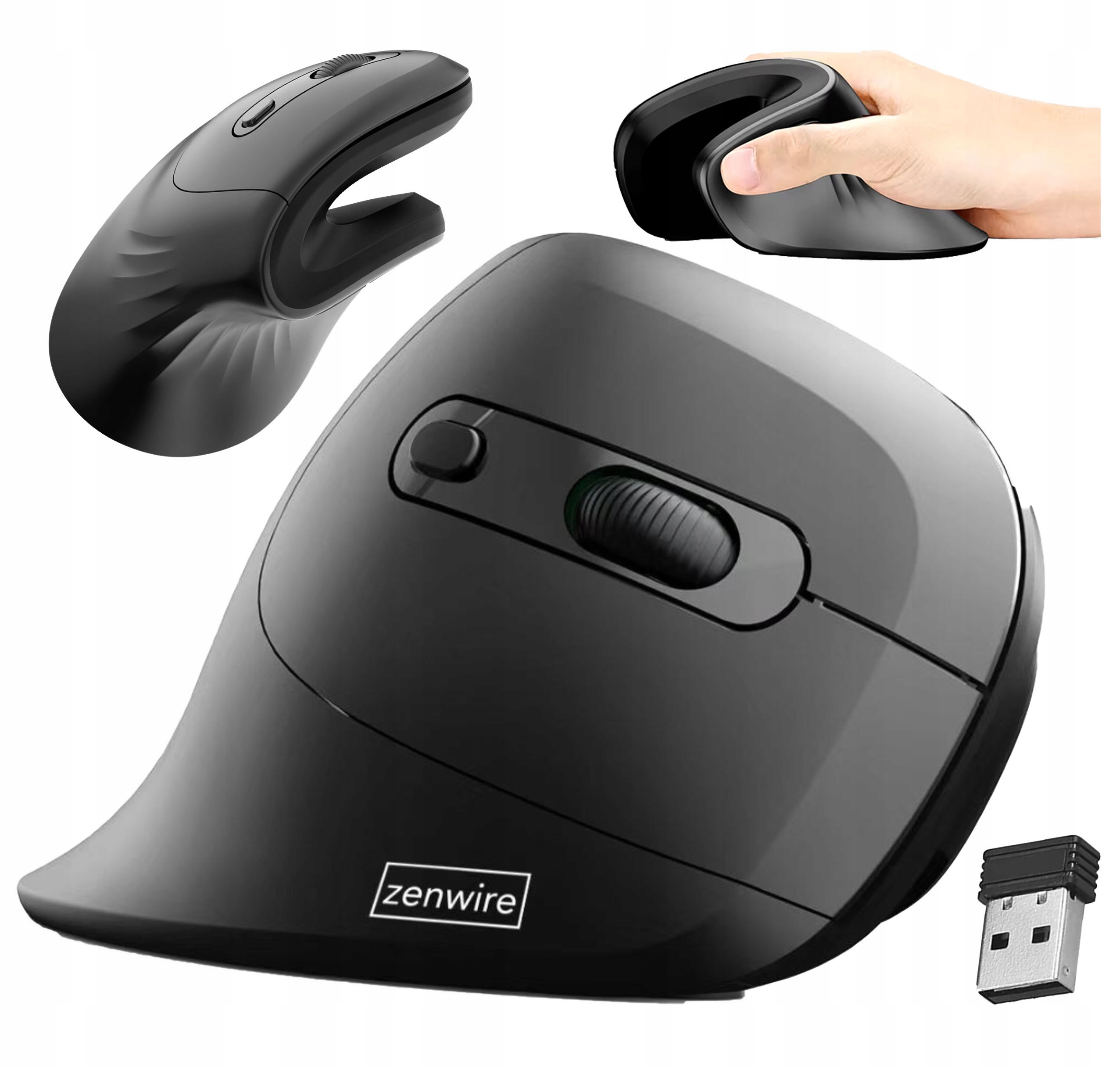 Wiele widoków czarnej ergonomicznej myszy pionowej z kółkiem przewijania i odbiornikiem USB.