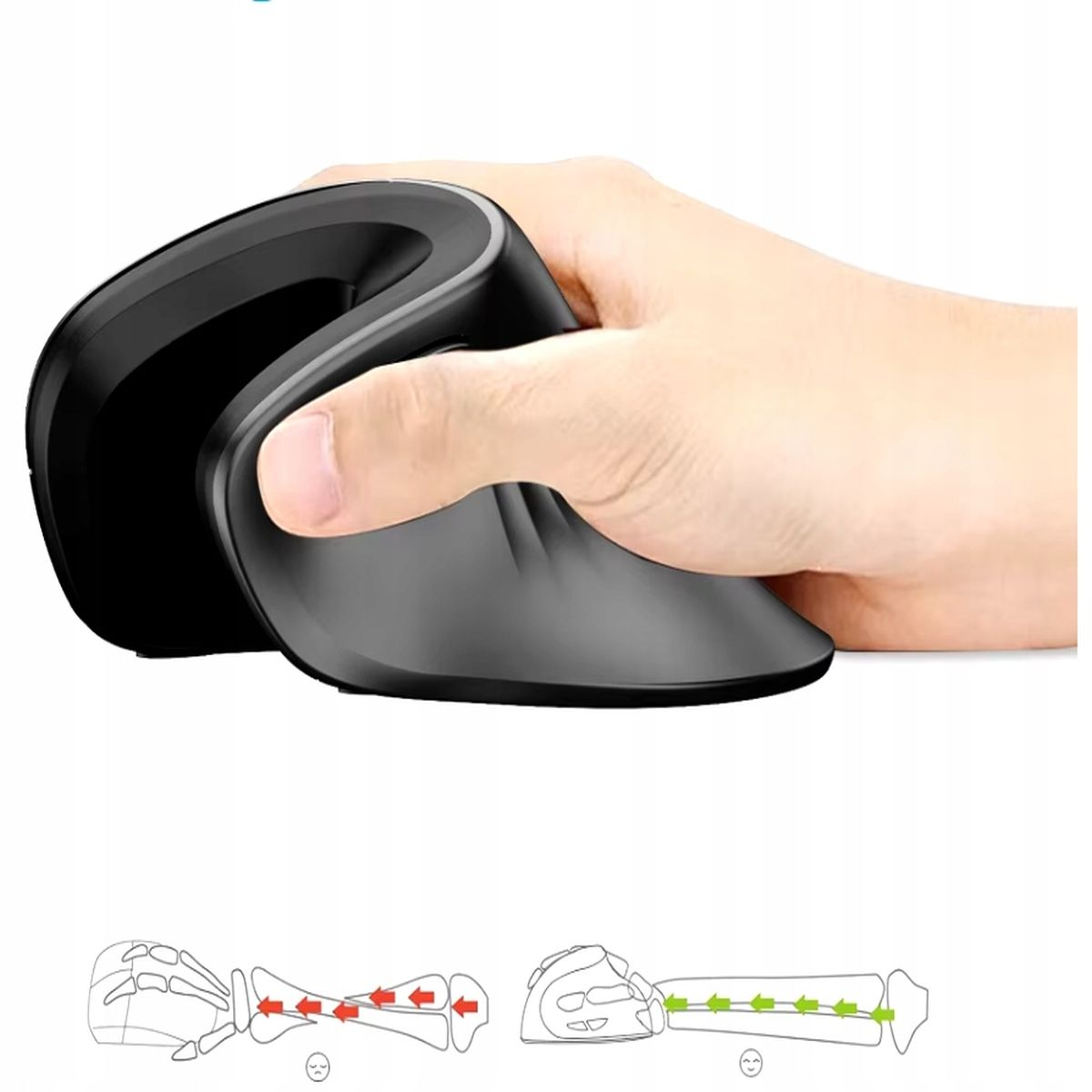 Ręka trzyma ergonomiczną mysz i schematy pokazujące pozycje dłoni i kości.