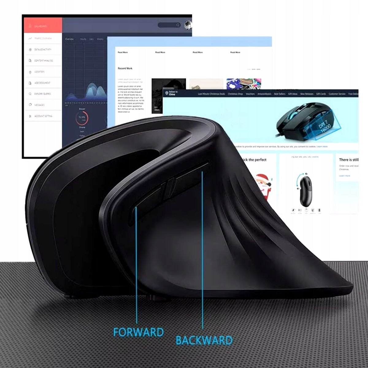 Ergonomiczna mysz na powierzchni, z witrynami internetowymi w tle, pokazująca do przodu i do tyłu.