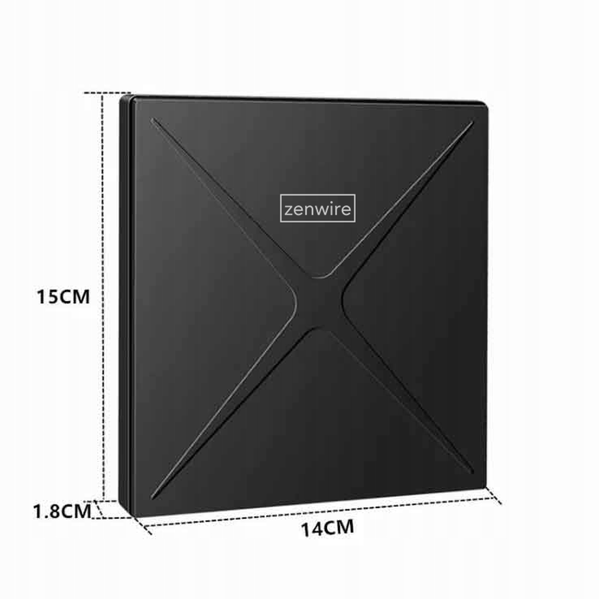 Czarny napęd DVD, pokazujący wymiary: 15 cm x 14 cm x 1,8 cm.