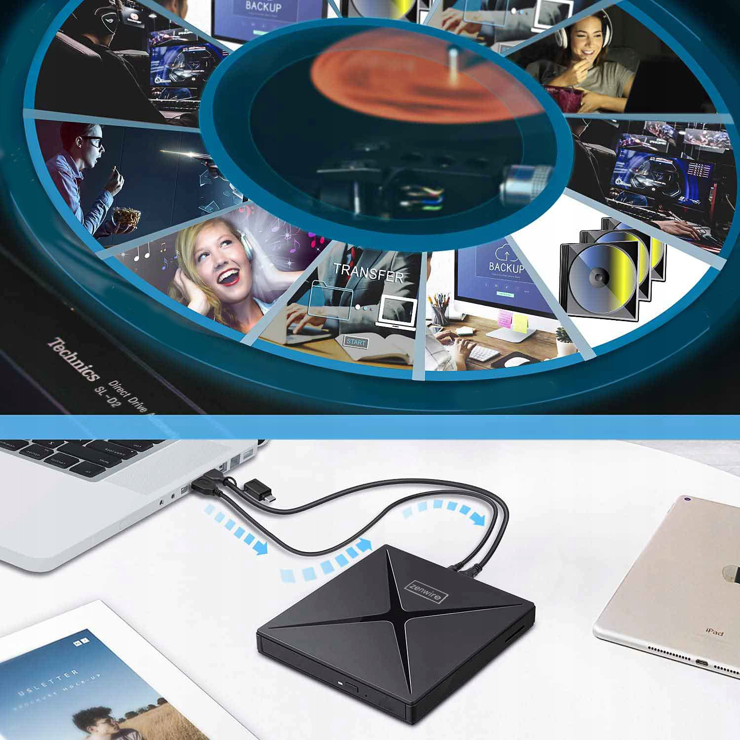 Napęd DVD podłączony do wielu urządzeń, pokazujący obrazy kopii zapasowych i transferu.