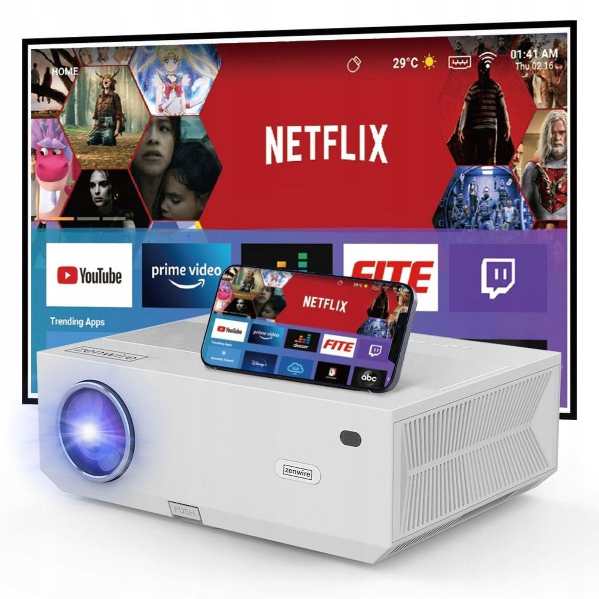 Biały projektor wyświetlający Netflix, YouTube i inne aplikacje. Telefon spoczywa na górze.