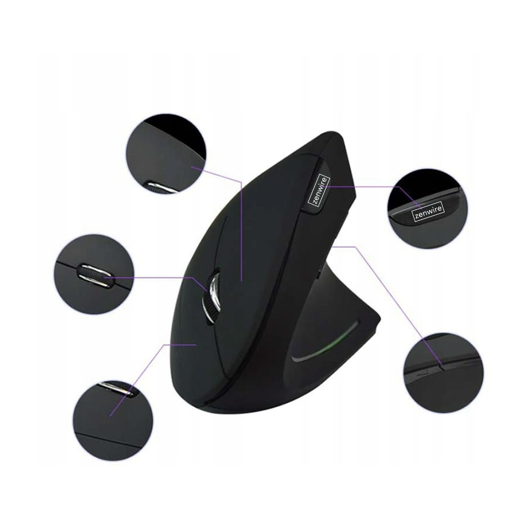 Czarna mysz pionowa. Szczegółowe zdjęcia pokazują przyciski i logo Zenwire.
