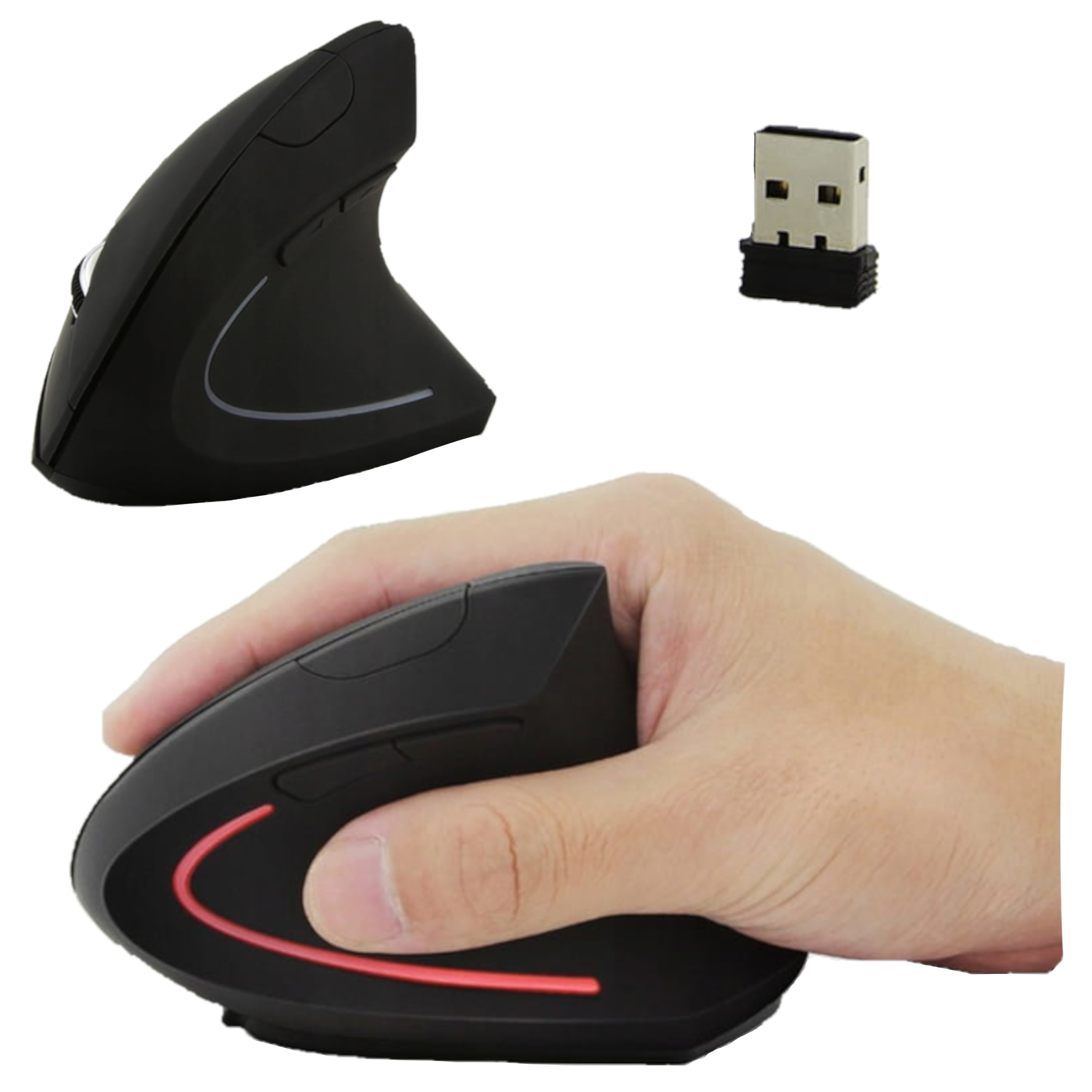 Czarna mysz pionowa z odbiornikiem USB. Dłoń trzymająca mysz.