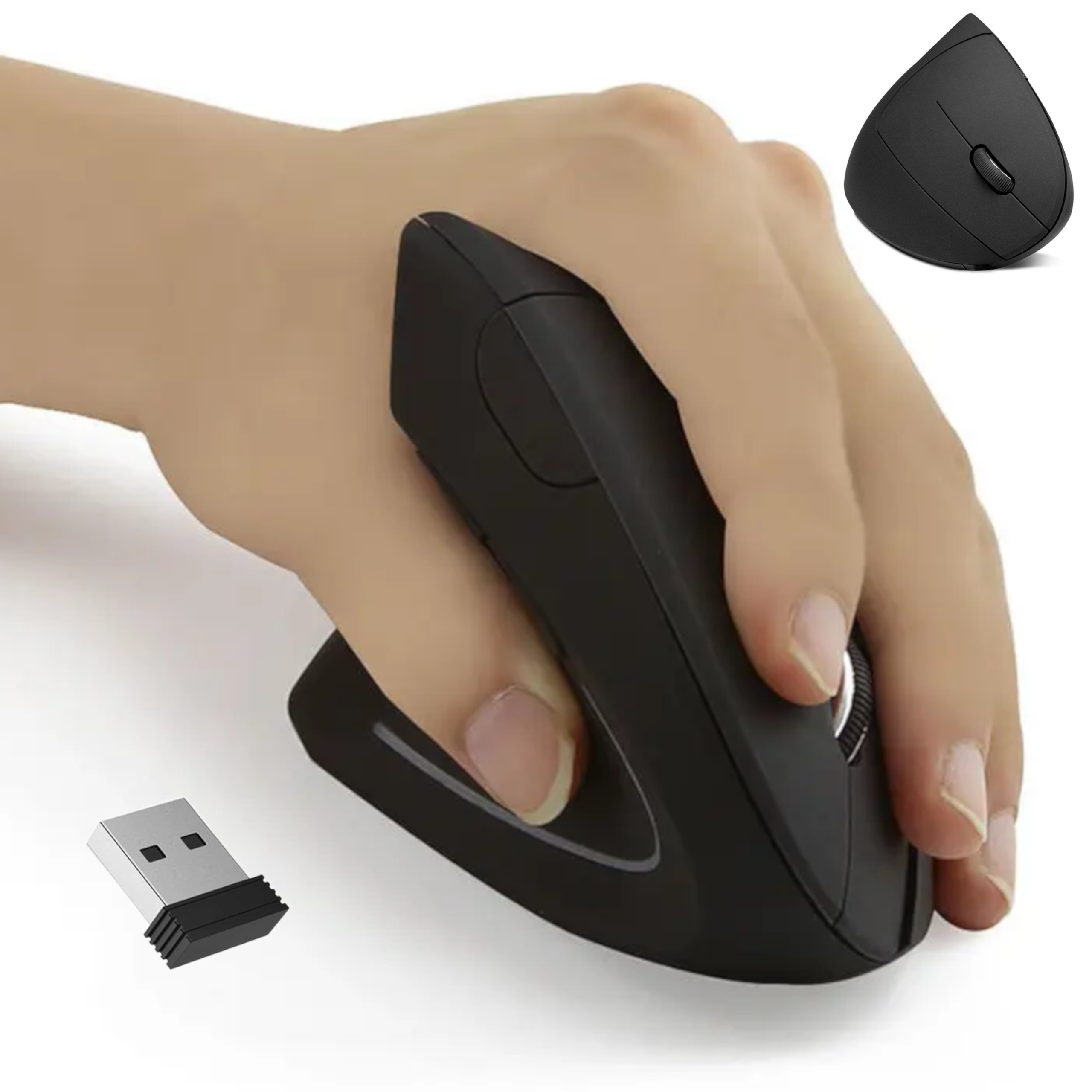 Dłoń trzymająca czarną mysz pionową z odbiornikiem USB.