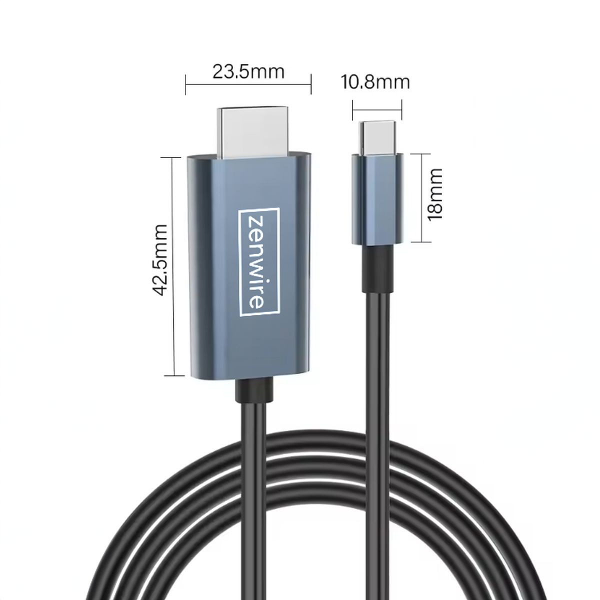 Kabel USB-C do HDMI z wymiarami. Szare złącze i czarny kabel. Wymiary w mm.