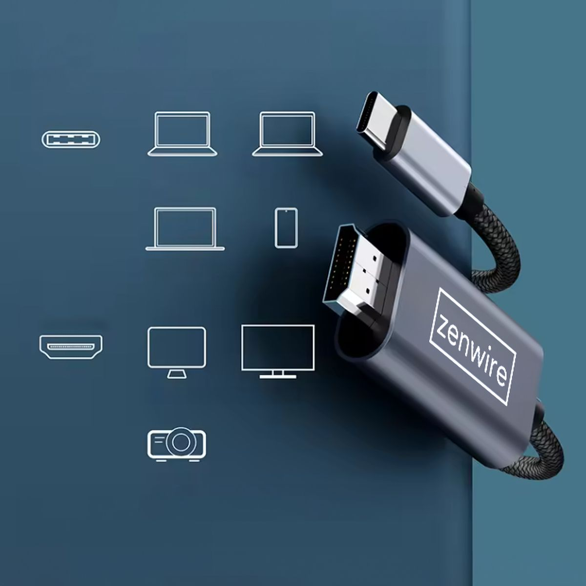 Kabel USB-C do HDMI z ikonami. Szare złącze i czarny kabel. Ikony urządzeń w tle.