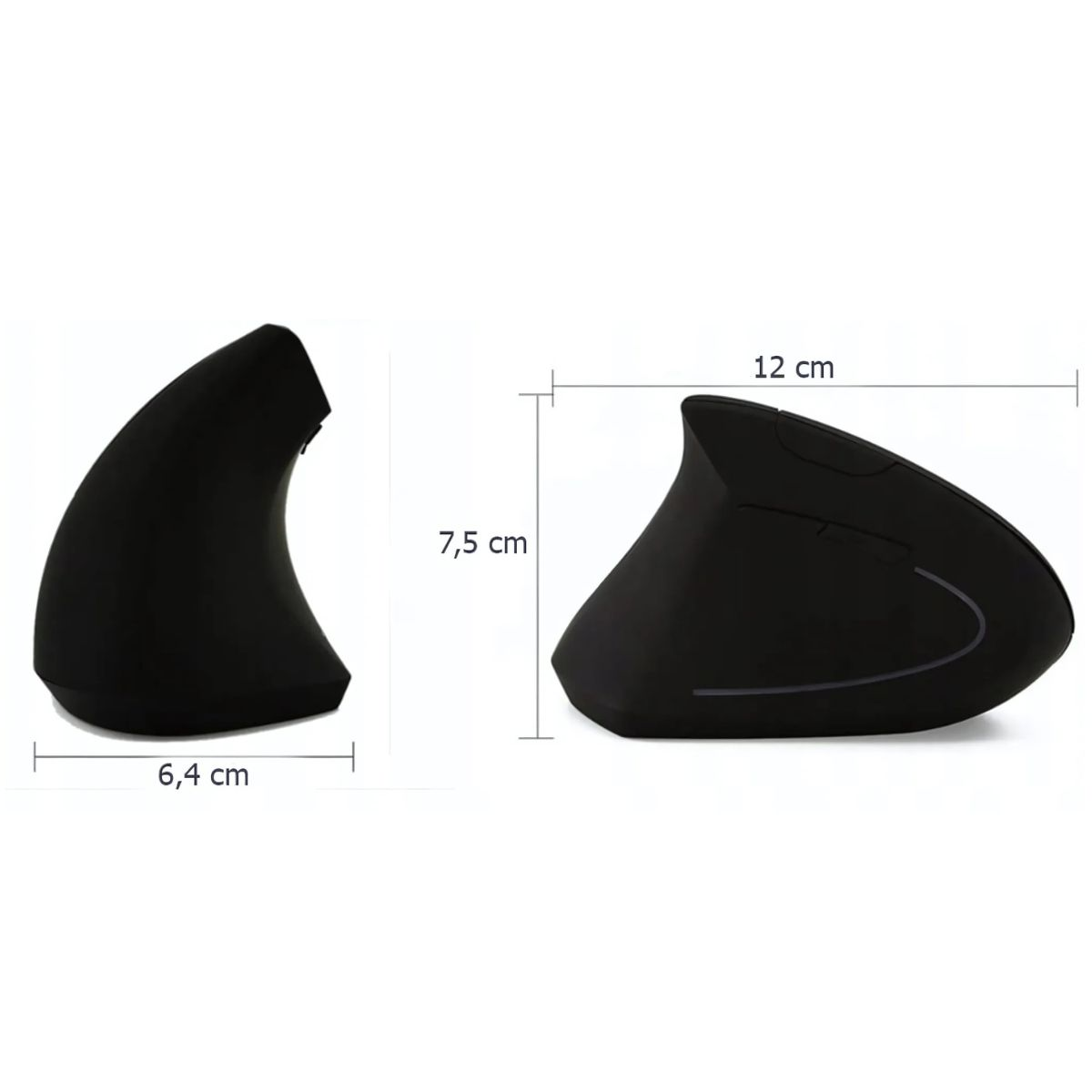 Czarna mysz pionowa, widok z boku i z góry z wymiarami. Białe tło.