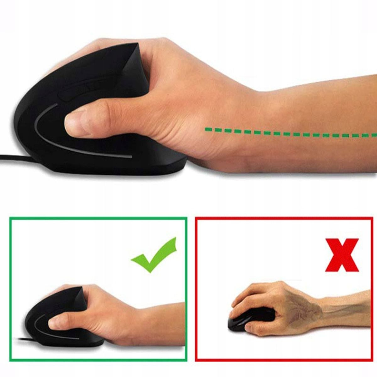 Dłoń używająca myszy pionowej. Diagram pokazuje prawidłowe i nieprawidłowe pozycje dłoni. Białe tło.
