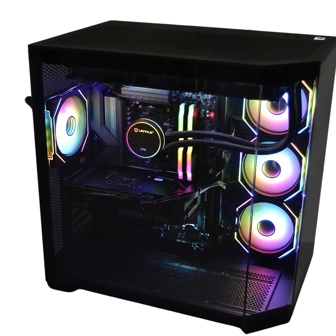 Una carcasa de computadora negra con luces coloridas en el interior. Tiene ventiladores y varios componentes de computadora.