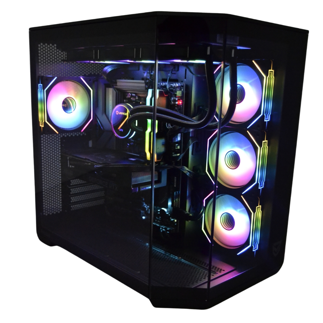 Carcasa de computadora negra con luces coloridas. Tiene ventiladores y componentes de computadora visibles a través del panel de vidrio.