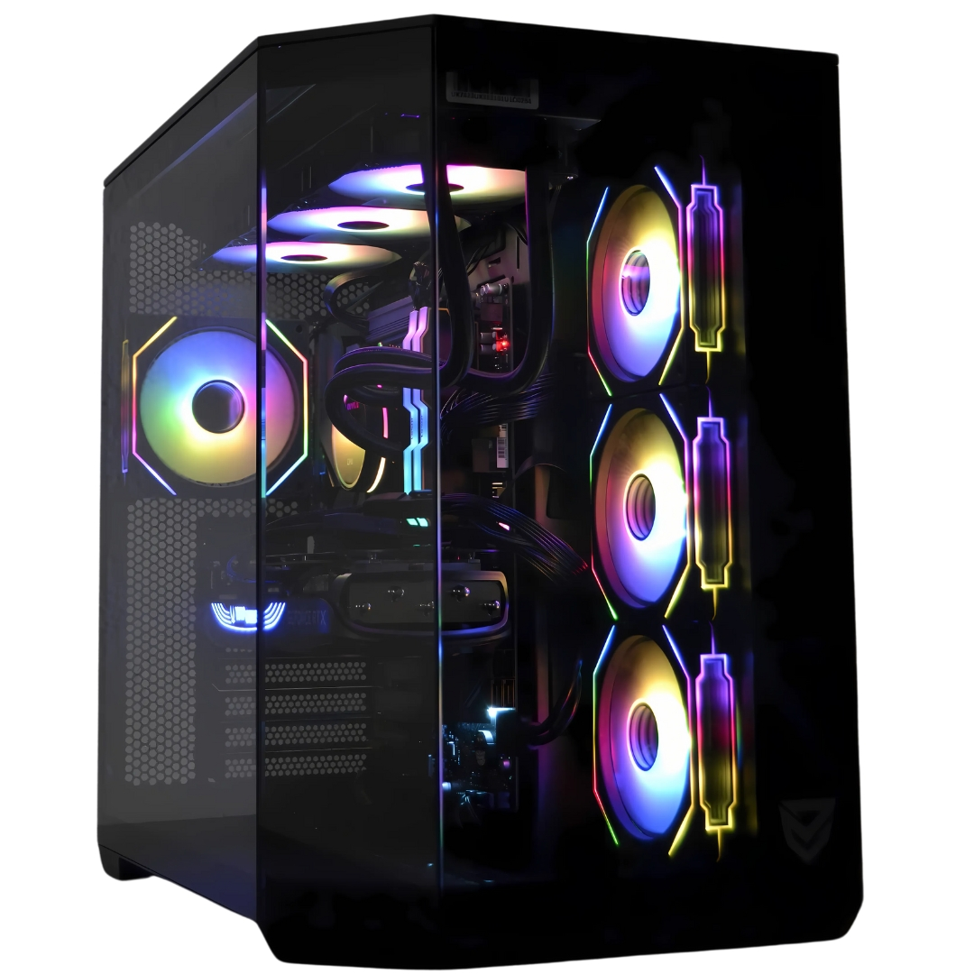 Una caja de computadora negra con luces de colores, mostrando los componentes internos. Fondo oscuro.