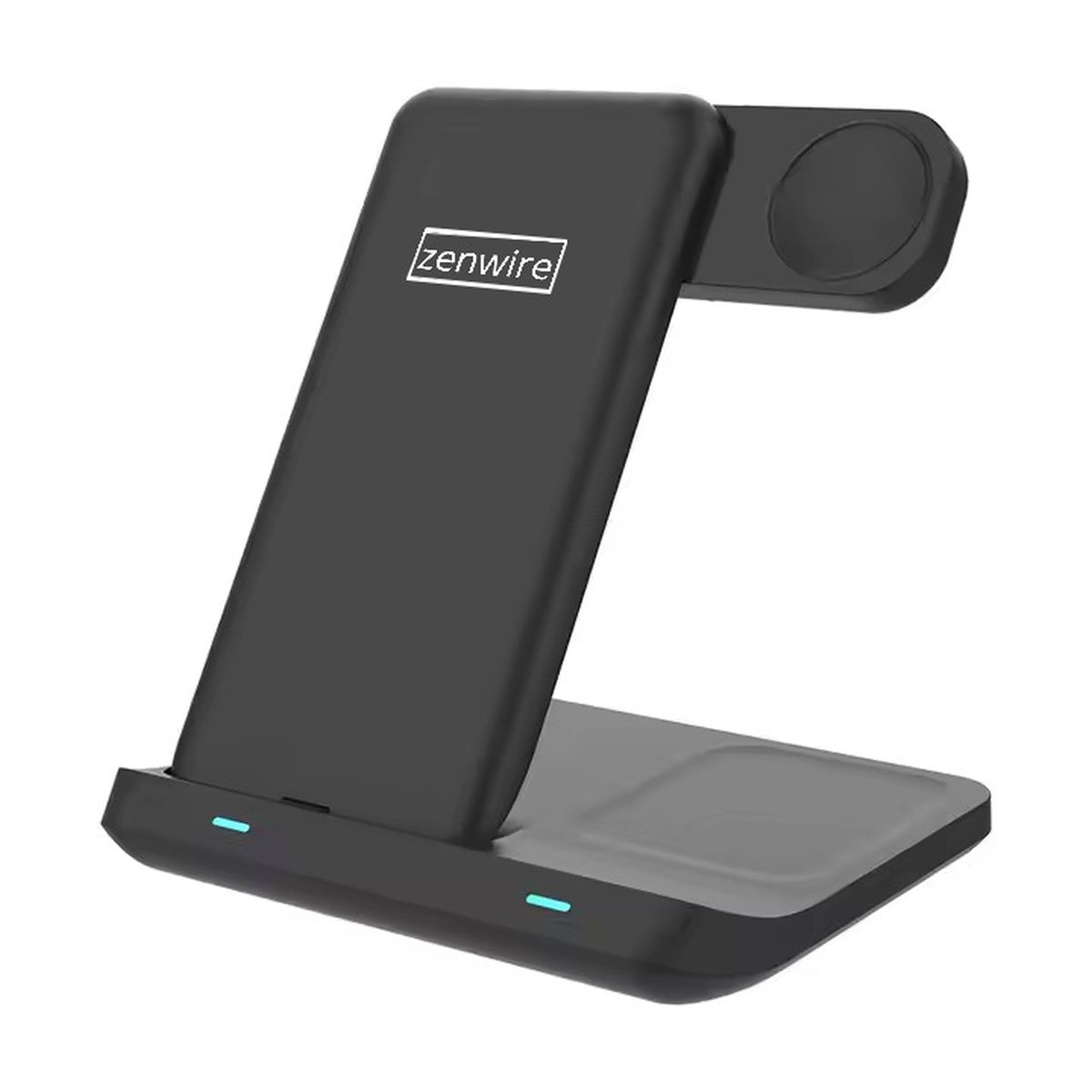 Czarna ładowarka bezprzewodowa z obszarem ładowania telefonu i zegarka. Świecą niebieskie światła.