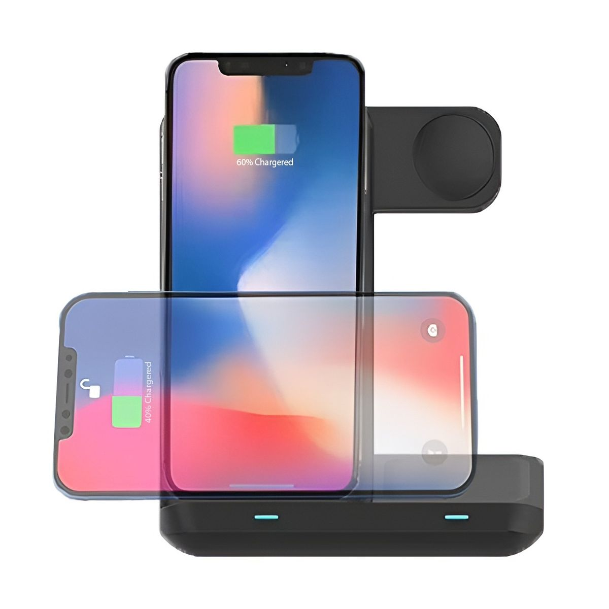 Czarna ładowarka bezprzewodowa z dwoma telefonami w trakcie ładowania. Jeden telefon pokazuje 60% naładowania, drugi 40%.