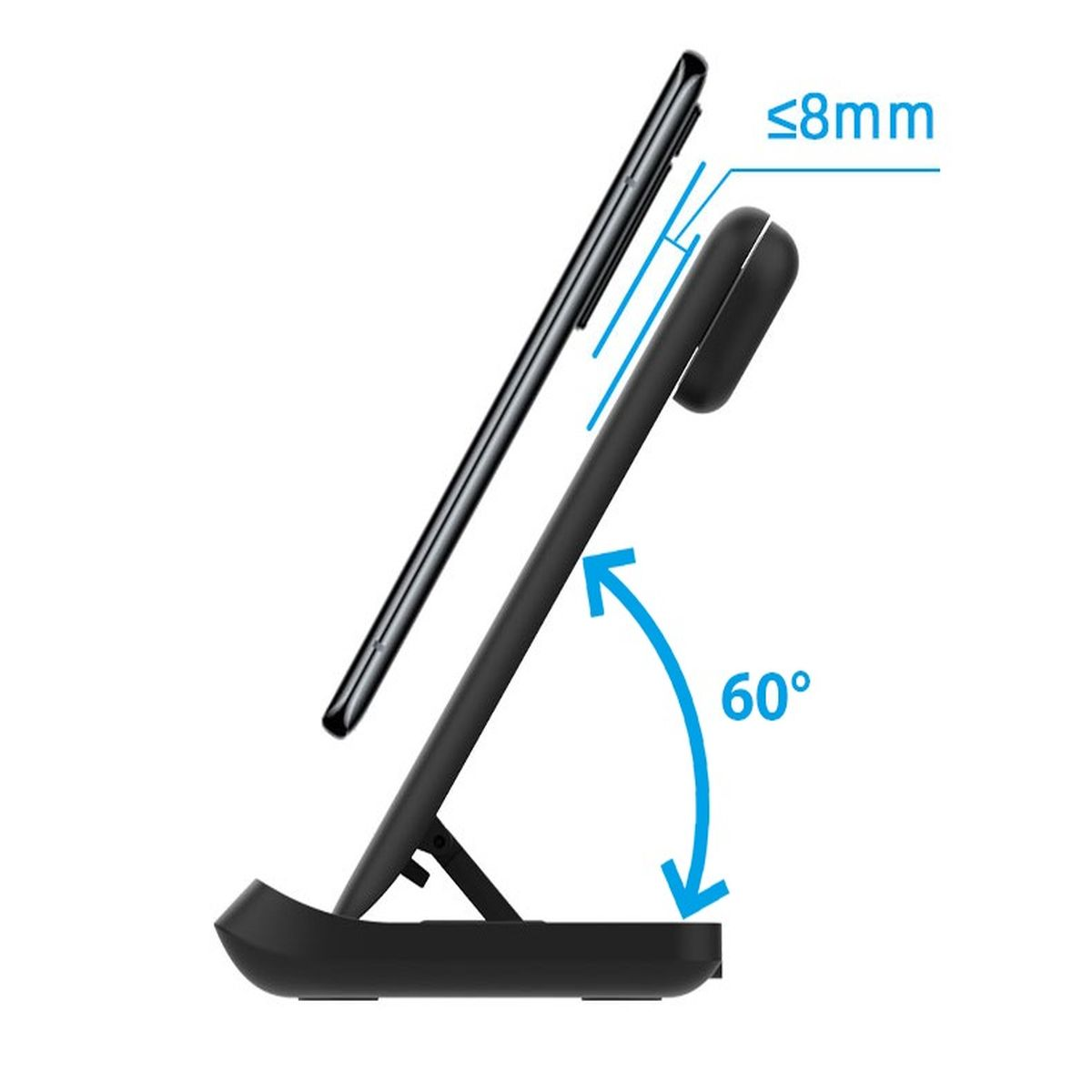 Czarna ładowarka bezprzewodowa z telefonem opartym pod kątem 60 stopni. Grubość mniejsza niż 8 mm.